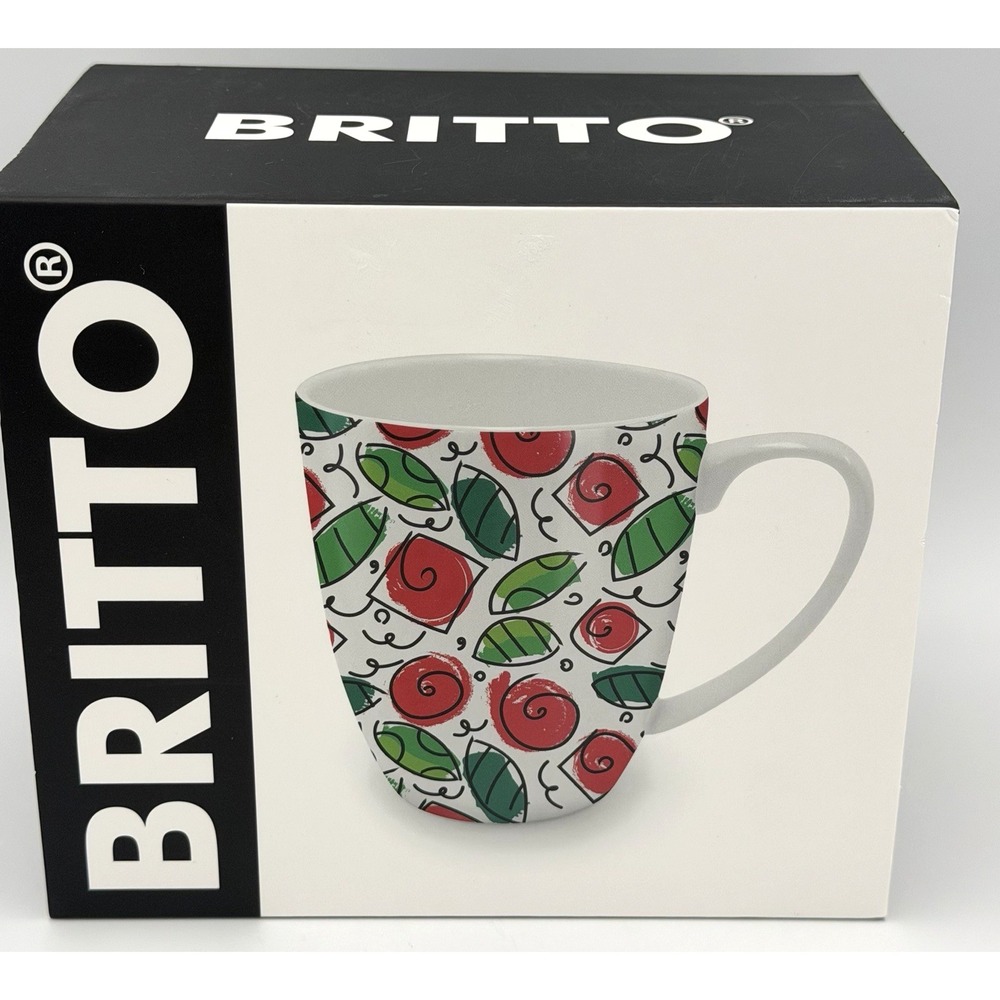 Romero Britto Roses Pop Art Coffee Mug Red & Green Bone China New 16.8 oz Boxed